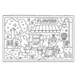 Bobbie Goods para imprimir floricultura grátis! Coelhinhos comprando flores em PDF. Ensine natureza colorindo. Download instantâneo gratuito. Uszon Brasil.