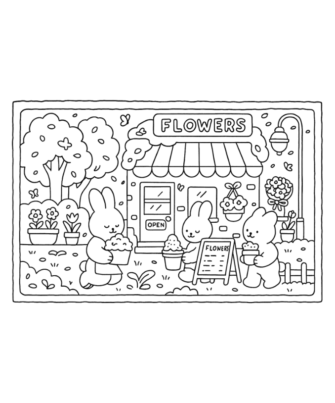 Bobbie Goods para imprimir floricultura grátis! Coelhinhos comprando flores em PDF. Ensine natureza colorindo. Download instantâneo gratuito. Uszon Brasil.