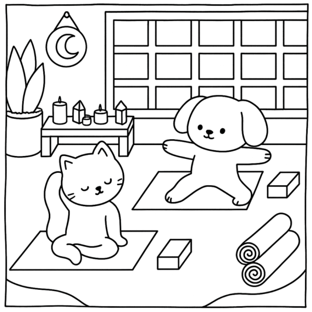 bobbie goods yoga kawaii gato e cachorro para imprimir pdf grátis e colorir agora!