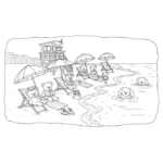 Bobbie Goods Ursinhos Relaxando na Praia com Guarda-Sóis e Cachorrinho na Água – Desenho Grátis