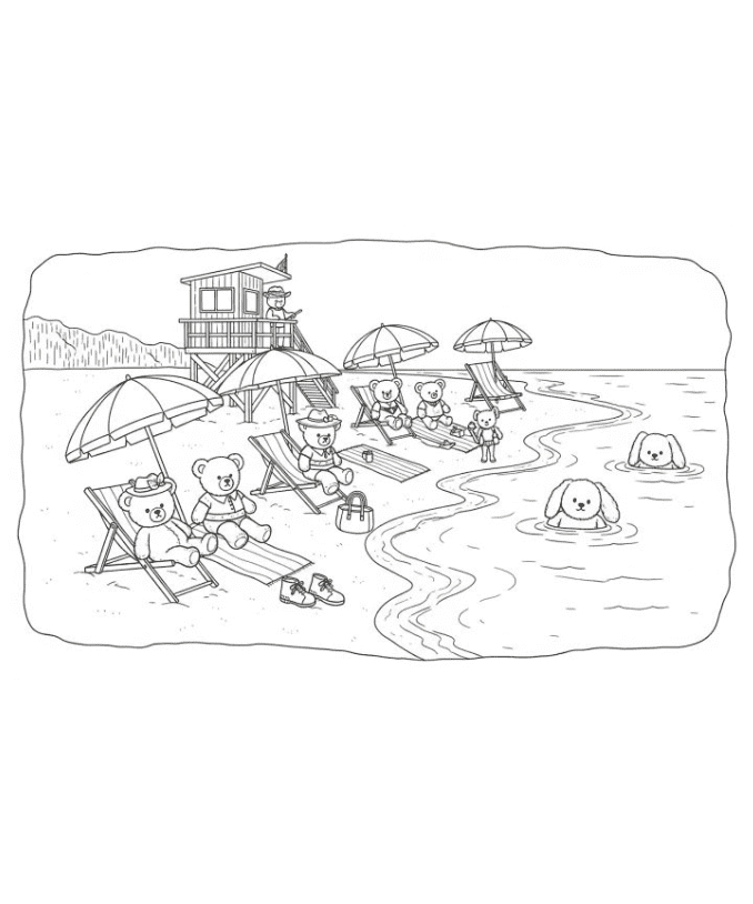 Bobbie Goods Ursinhos Relaxando na Praia com Guarda-Sóis e Cachorrinho na Água – Desenho Grátis
