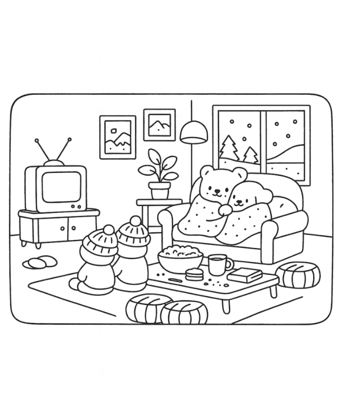 Bobbie Goods Noite de Inverno: Ursinhos Assistindo TV com Pipoca e Cobertor – Desenho Grátis
