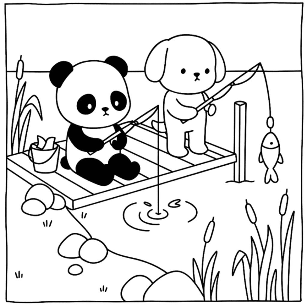 bobbie goods panda e cachorro pescando para imprimir pdf grátis e colorir kawaii!