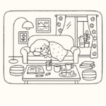 Bobbie Goods Cachorrinho Dormindo no Sofá com Cobertor e Biscoitos – Desenho Aconchegante Grátis