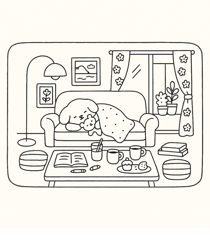 Bobbie Goods Cachorrinho Dormindo no Sofá com Cobertor e Biscoitos – Desenho Aconchegante Grátis