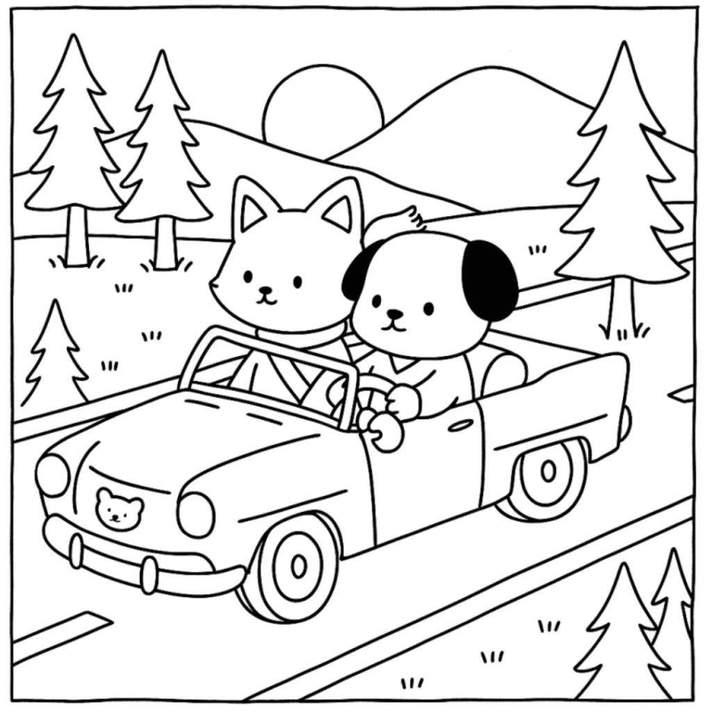 bobbie goods gato e cachorro de carro para imprimir pdf grátis e colorir kawaii!