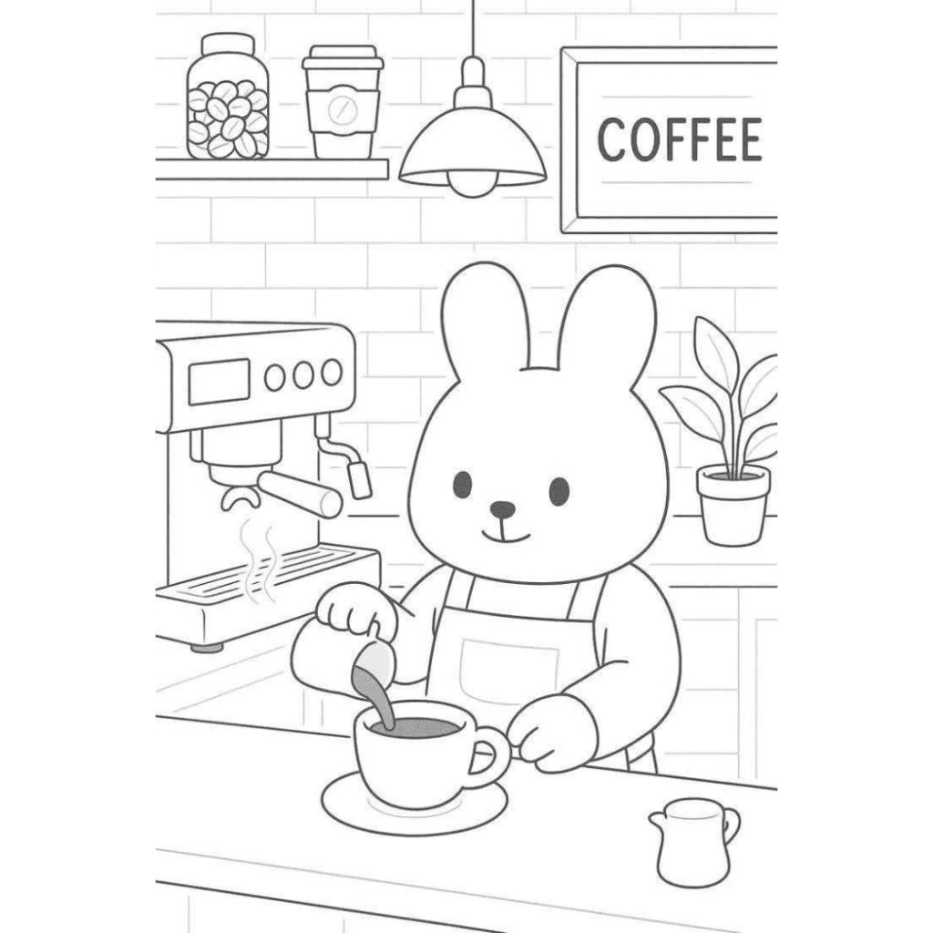bobbie goods para imprimir grÁtis: coelhinho barista preparando café espresso na máquina profissional pdf!