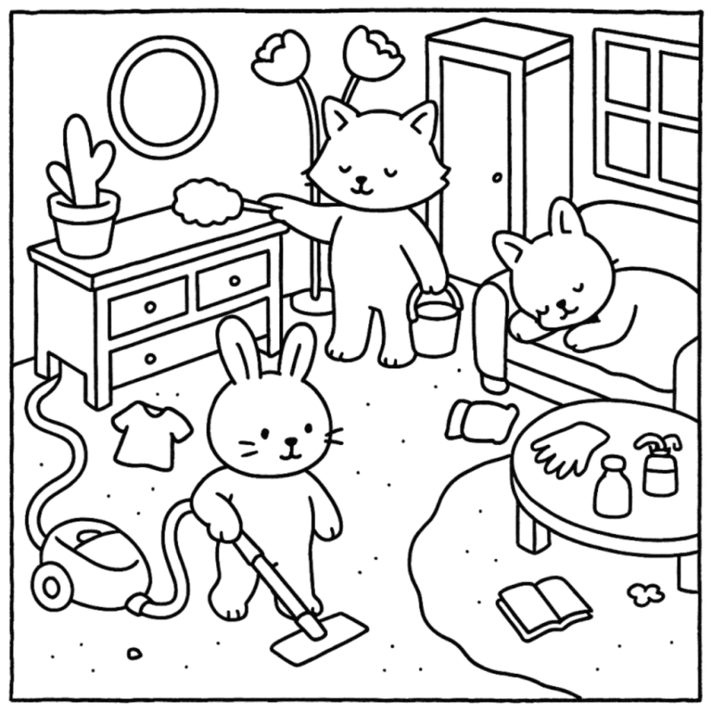 bobbie goods gato coelho limpando casa para imprimir pdf grátis colorir!