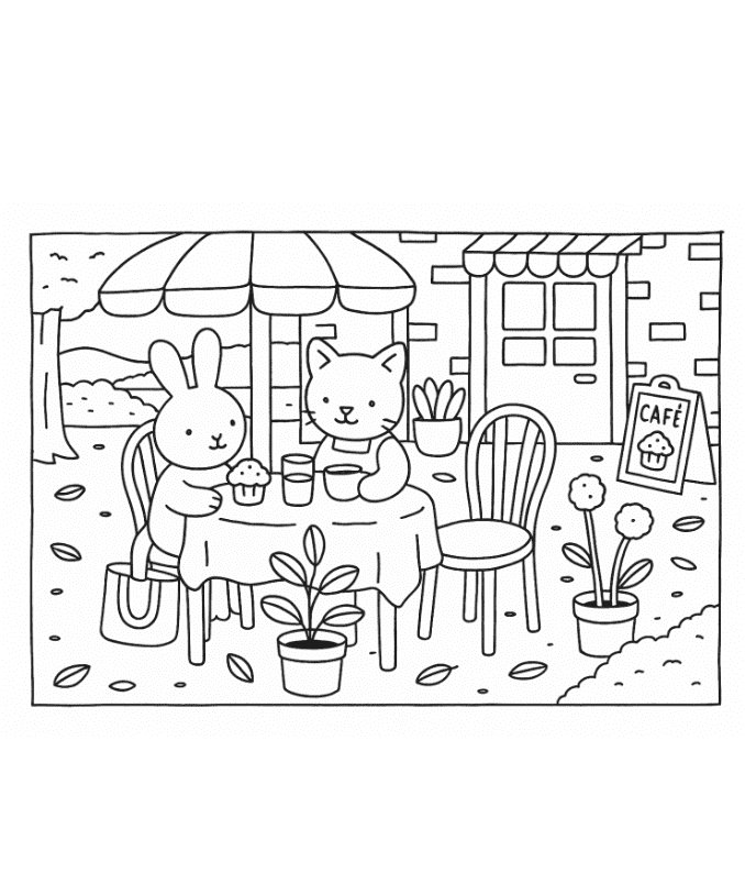 Bobbie Goods Para Imprimir – Coelho e Gato Tomando Café Grátis PDF | Cupcake Fofo Uszon Brasil
