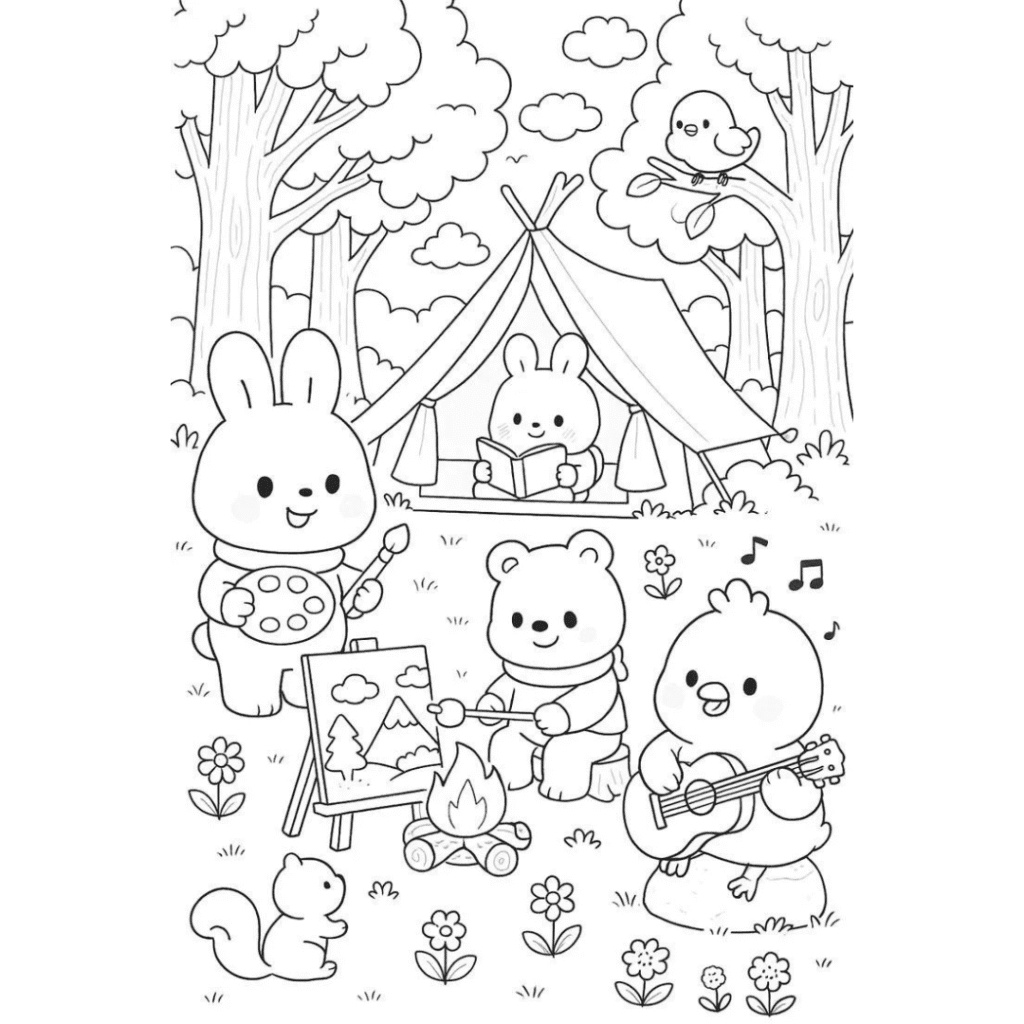 bobbie goods para imprimir grÁtis: acampamento 6 amigos com violão, pintura, fogueira e barraca grande pdf!