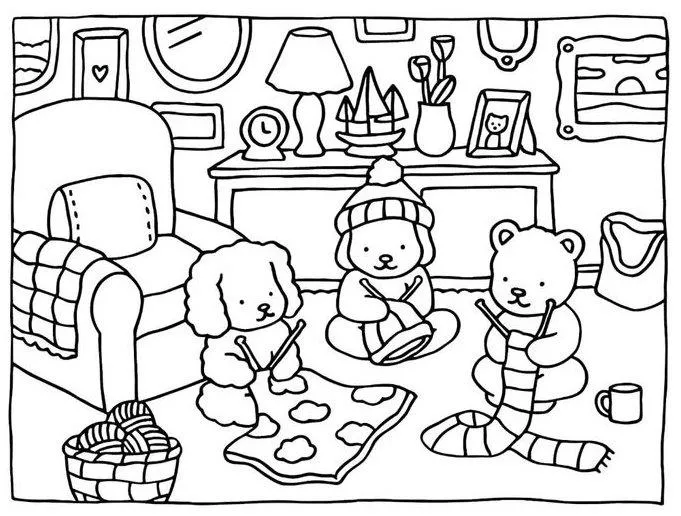 bobbie goods para imprimir grÁtis: ursinhos tricotando cachecóis no tapete com novelos, caneca e poltrona quentinha!