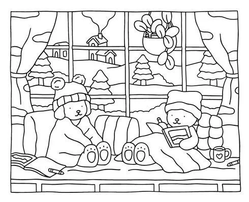 Bobbie Goods Para Imprimir GRÁTIS: Ursinhos de Pijama na Janela Vendo Neve Cair – Desenho Aconchegante que Todo Brasileiro Quer Hoje!