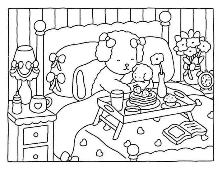 bobbie goods para imprimir grÁtis: ursinha mimada tomando café na cama com panquecas, ursinho de pelúcia e laços!