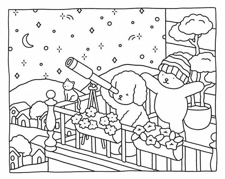 bobbie goods para imprimir grÁtis: ursinhos observando estrelas na varanda com telescópio e gatinho – página de colorir noite mágica kawaii