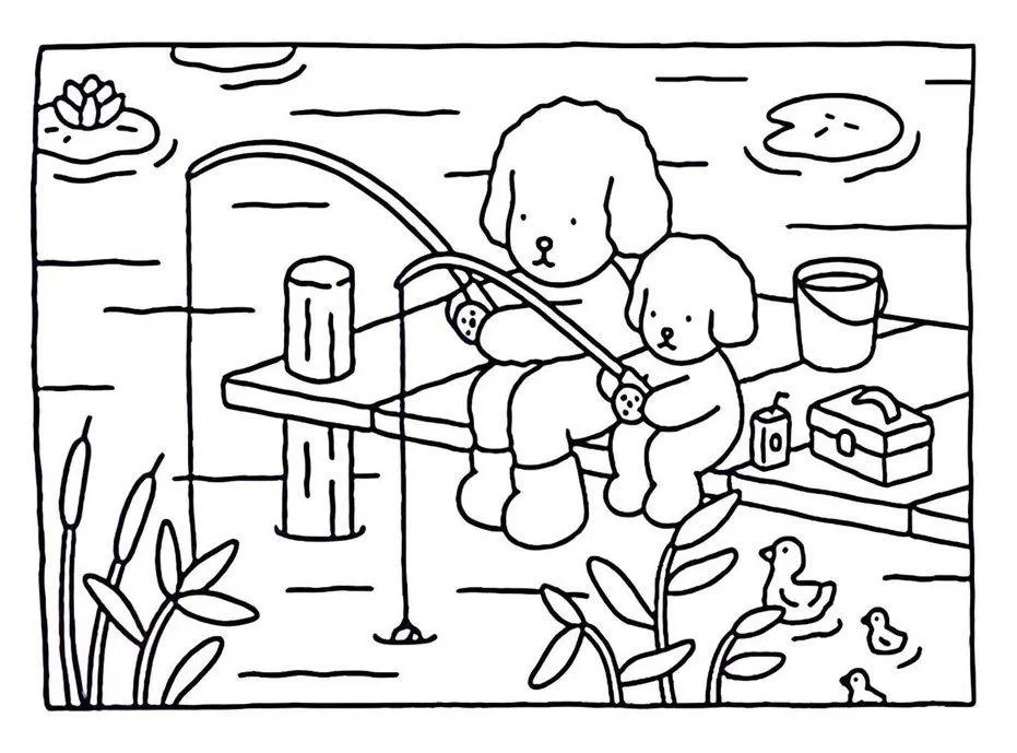 bobbie goods para imprimir grÁtis: ursinhos pescando no lago com varinha, baldinho e patinhos nadando!