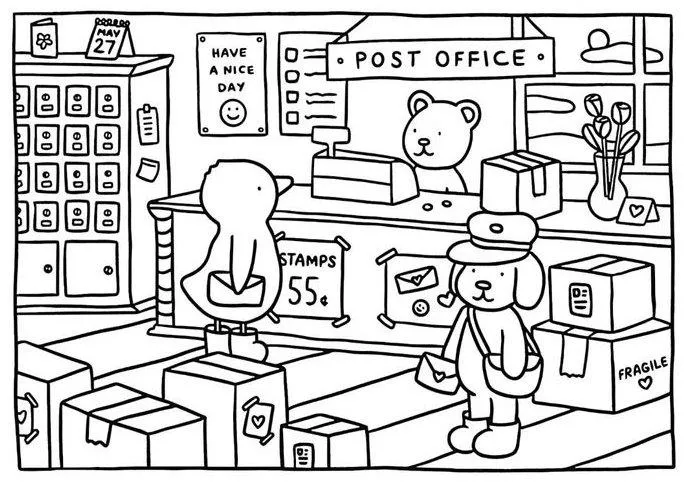 bobbie goods para imprimir grÁtis: correios com ursinho carteiro, pato cliente e caixas fragile pdf!