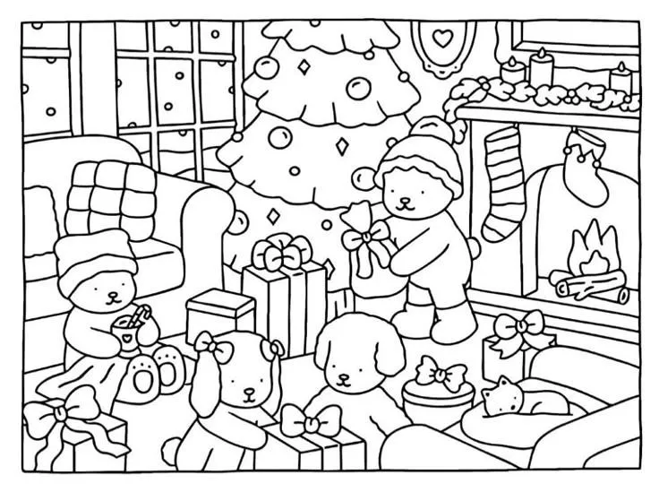 bobbie goods para imprimir grÁtis: ursinhos abrindo presentes na véspera de natal com lareira e Árvore cheia!