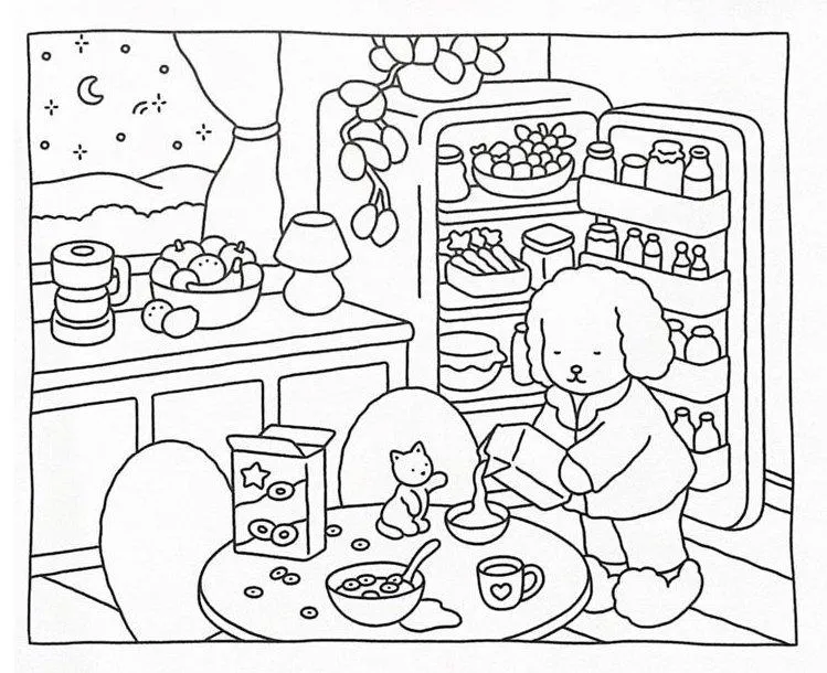 bobbie goods para imprimir grÁtis: ursinho abrindo geladeira de madrugada com gatinho e cereal!