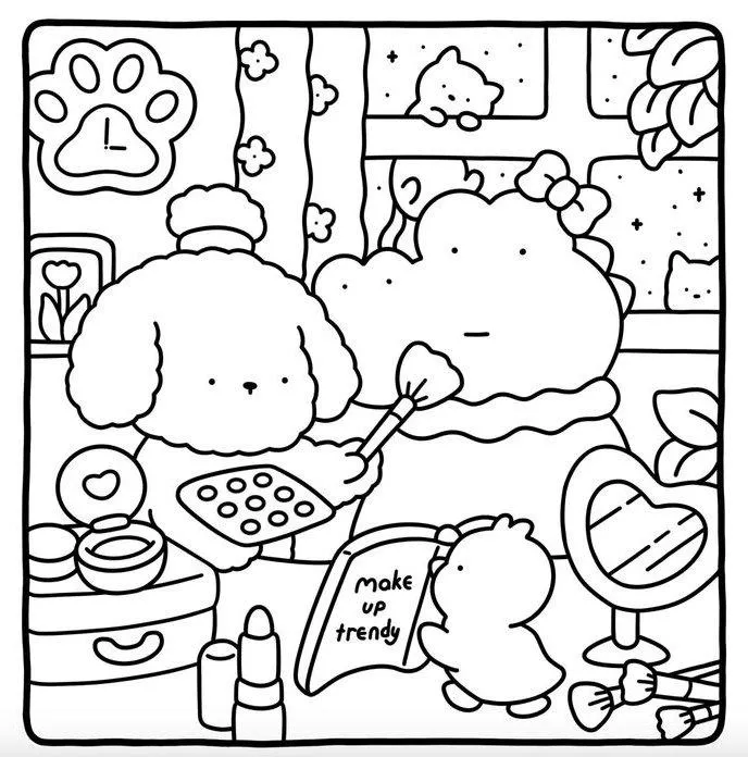 bobbie goods para imprimir grÁtis: poodle maquiando nuvem com paleta, batom e espelho coração pdf!