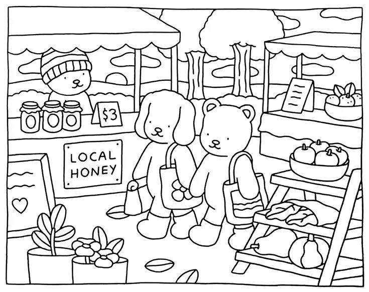 bobbie goods para imprimir grÁtis: feirinha orgânica com ursinhos comprando mel, frutas e sacolinhas cheias!