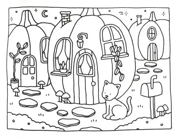 bobbie goods para imprimir grÁtis: vila de abóboras encantada com gatinho na porta e lua cheia!