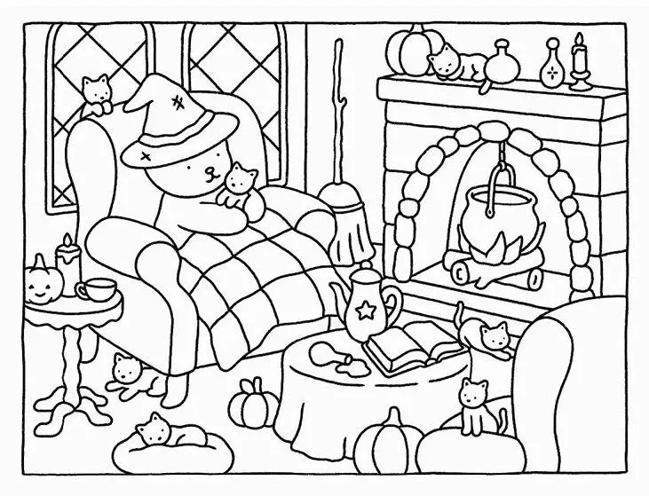 bobbie goods para imprimir grÁtis: ursinha bruxinha aconchegante com gatinhos e abóboras – página de colorir halloween kawaii