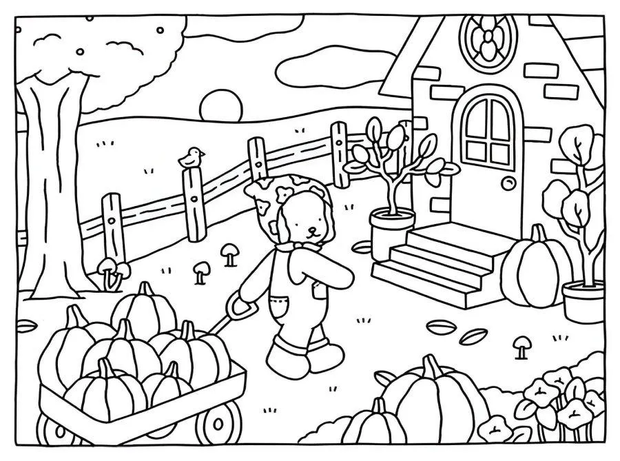 bobbie goods para imprimir grÁtis: ursinho fazendeiro colhendo abóboras com carrinho e gatinho no ombro!