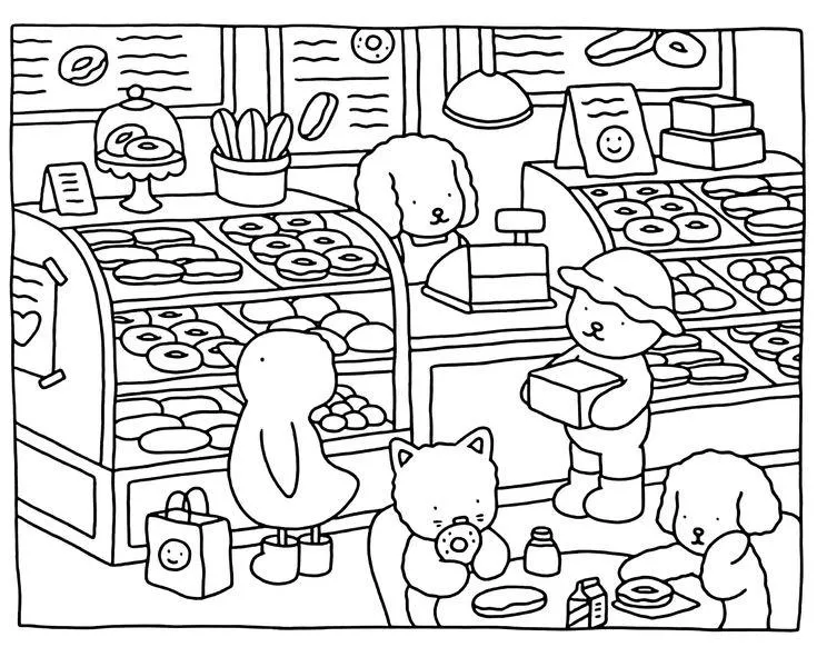 bobbie goods para imprimir grÁtis: loja de donuts com ursinhos, gatinho comendo e pato cliente cheio de sacolinhas!