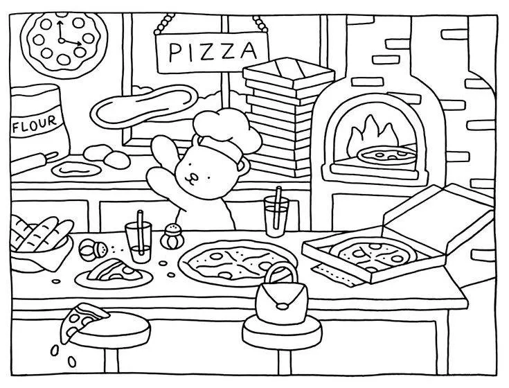 bobbie goods para imprimir grÁtis: ursinho pizzaiolo acenando na pizzaria com forno a lenha e fatia voando!