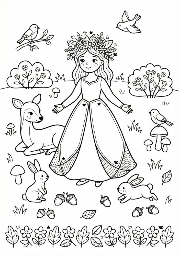 princesa com animais para colorir